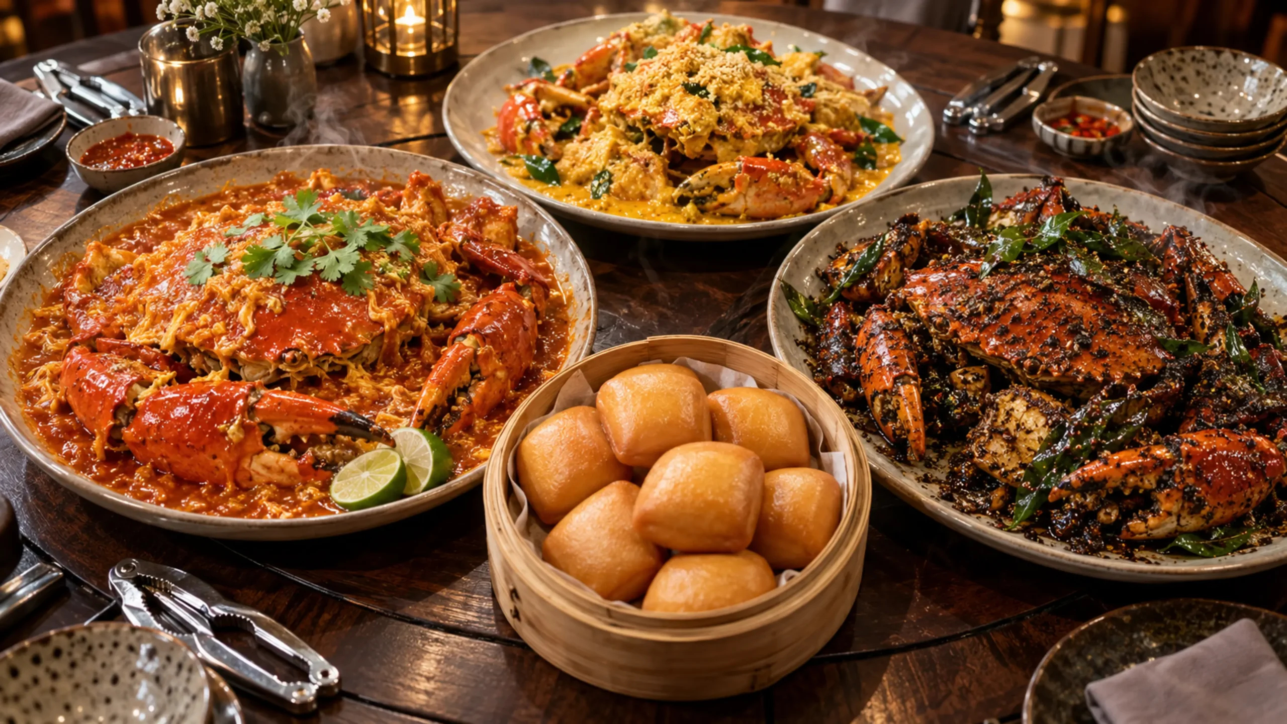 Epic Singapore Crab Feast featuring Chilli Crab, Black Pepper Crab, and Salted Egg Crab with fried mantou on a dining table