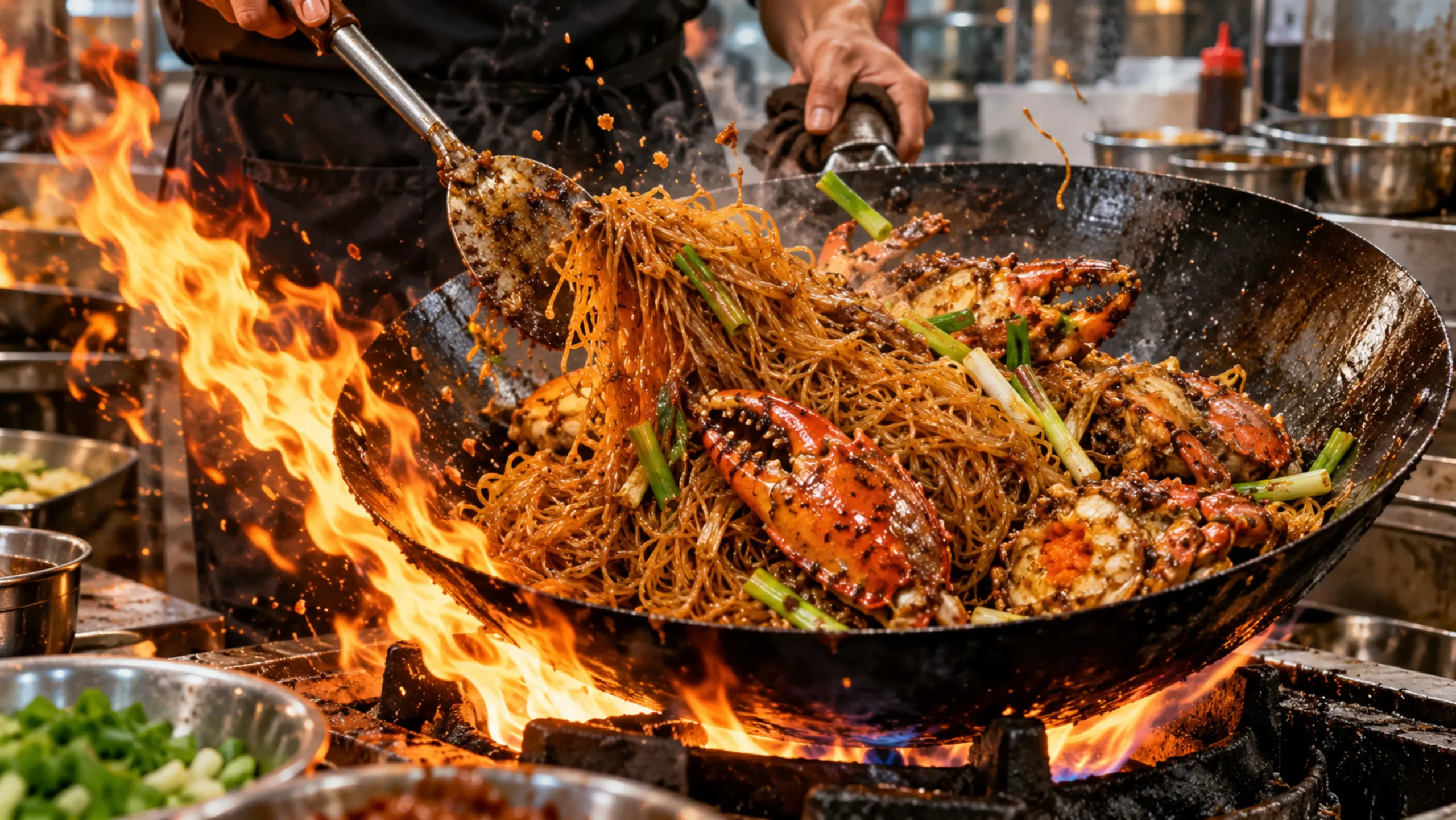 Crab At Bay master chef wok-tossing dry braised crab bee hoon over roaring wok-hei flames