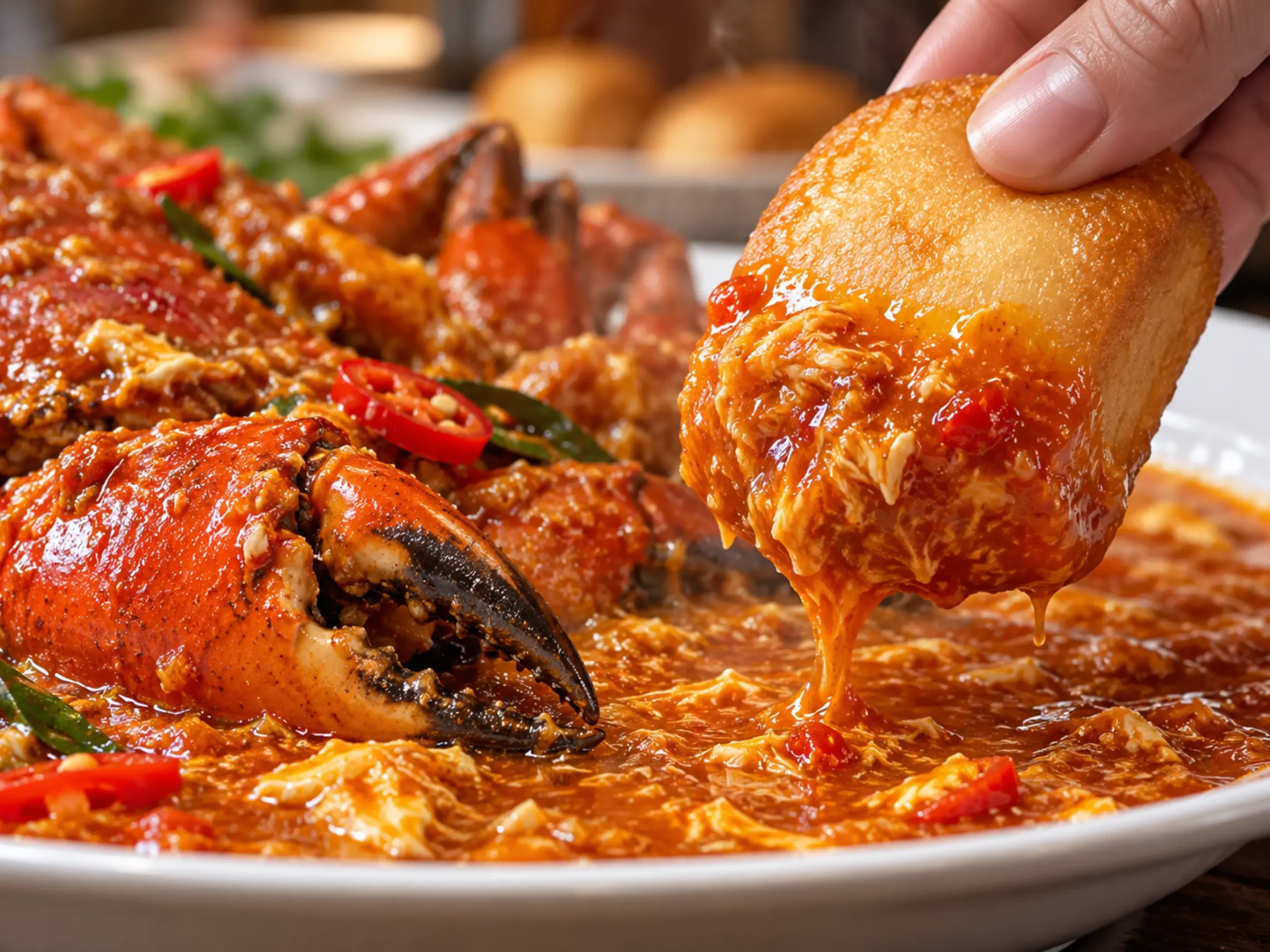 Crispy golden-fried mantou bun dipped into thick Singapore chilli crab sauce with silky egg ribbons