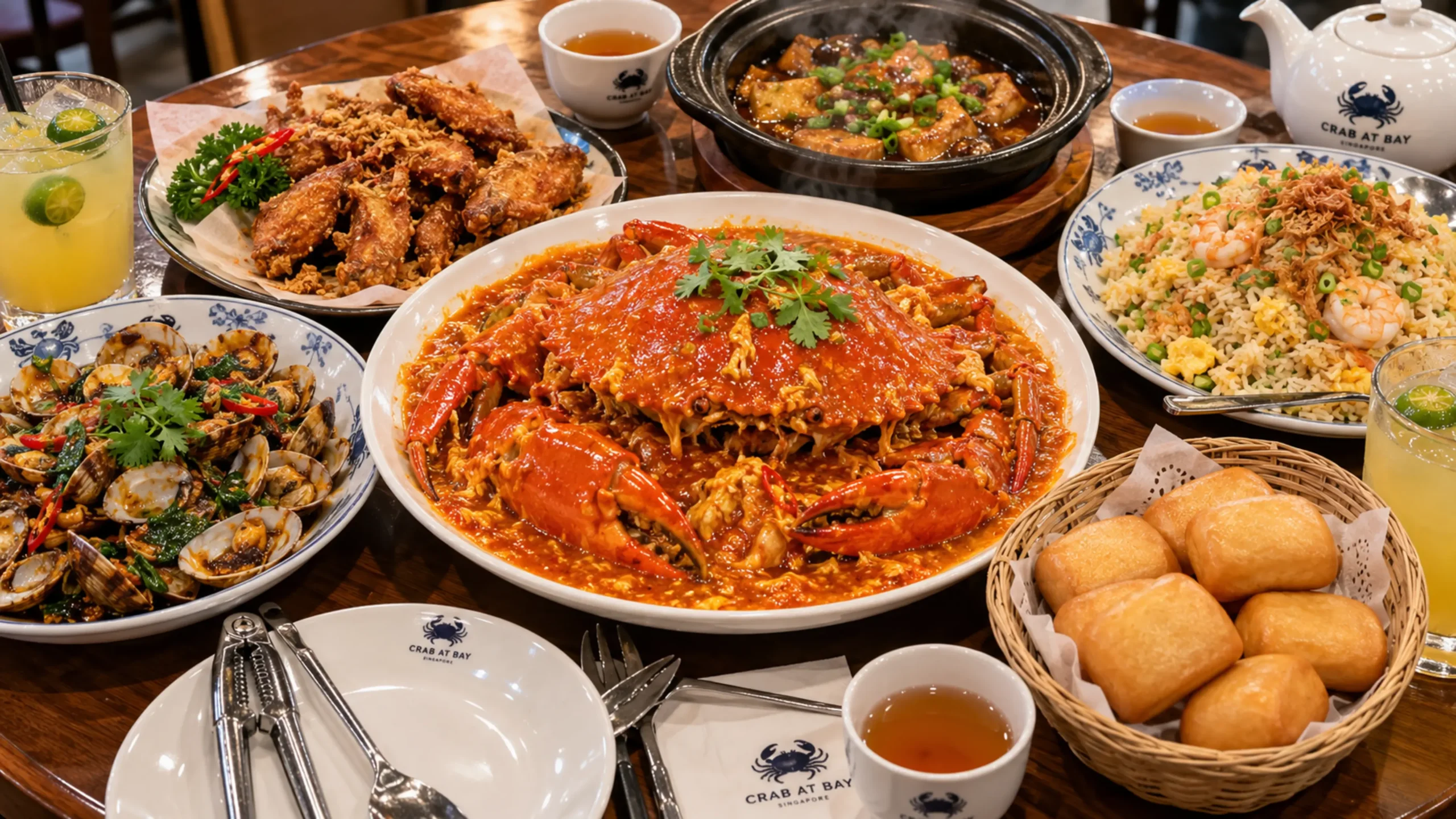 Authentic Singapore chilli crab zi char feast table at Crab At Bay MacPherson